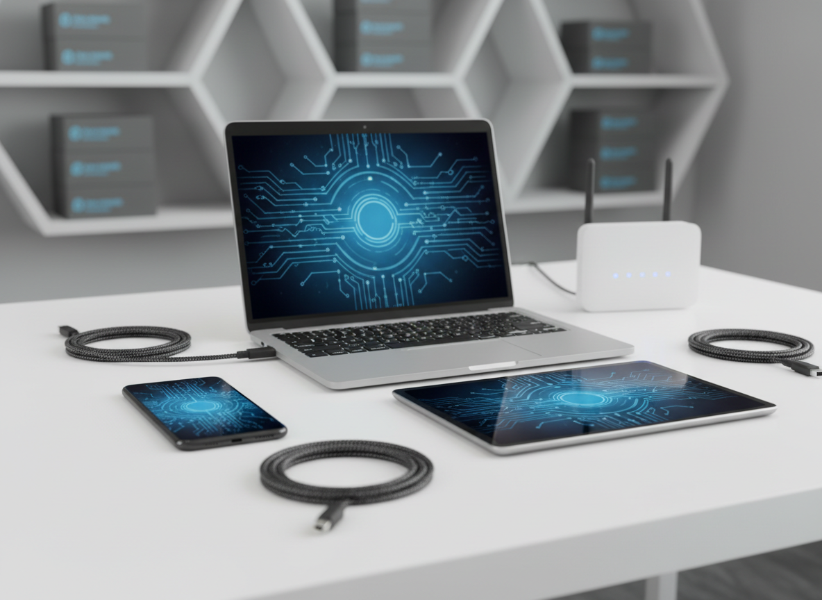 A sleek arrangement of modern electronic devices displayed on a clean white desk, featuring a glossy black smartphone, a slim silver laptop, and a matte-finish tablet, all with softly glowing screens showing abstract blue circuitry patterns. Around them, neatly coiled charging cables and a compact, high-end wireless router with subtle indicator lights emphasize connectivity. The scene is set in a bright, minimalist office with a blurred background of geometric shelves holding neatly stacked tech boxes. Soft studio lighting from the left creates gentle highlights on metallic edges and faint reflections on the desk surface. Photographic realism, eye-level composition, and shallow depth of field create a professional, trustworthy mood suitable for a business specializing in electrical equipment and digital devices.