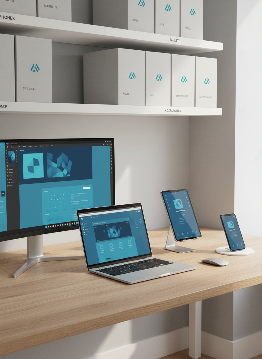 A bright, organized tech workspace featuring an open, slim-profile laptop, a large ultra-thin monitor, a modern tablet on a stand, and a smartphone resting on a wireless charging pad, all arranged on a light oak desk with visible wood grain. The screens display coordinated blue and turquoise interface elements, suggesting productivity and digital services. In the background, tidy shelves hold labeled boxes for phones, tablets, and accessories, subtly branded with minimal geometric logos. Natural daylight streams in from an unseen window to the right, creating soft, diffused illumination with gentle, realistic shadows. The image is captured at eye level with sharp focus throughout, conveying reliability and clarity. The photographic realism and balanced, rule-of-thirds composition create a calm, professional atmosphere appropriate for an electronics retailer offering devices and freelance tech services.