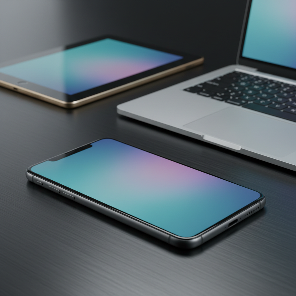 A close-up photographic image of a premium smartphone, tablet, and ultrabook laptop arranged in a precise diagonal line on a dark brushed-metal surface. Each device has a different metallic finish—graphite gray, champagne gold, and icy silver—with finely detailed textures on the frames and perfectly clean glass screens displaying subtle glowing gradients in teal and violet. Cool, directional studio lighting from above and behind creates crisp reflections along the edges and soft shadows fading into the background. The mood is high-tech, elegant, and professional, with a clean, modern aesthetic. Shot from a slightly elevated angle using shallow depth of field, the front device is in razor-sharp focus, while the others blur softly, emphasizing hierarchy and premium quality for a business selling high-end electronics.